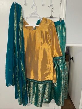 Gold & Teal Women's Traditional Dress Set - Elegant Partywear